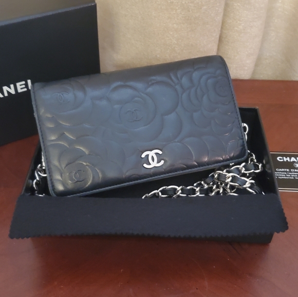 CHANEL Black Leather Camellia Embossed Clutch Wallet on Chain